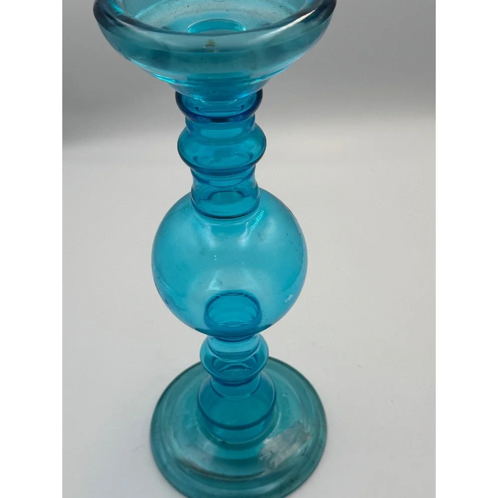 Turquoise Blue Glass Pillar Candlestick Holder‎ Orb Stem 11.5 Inch RN 119316